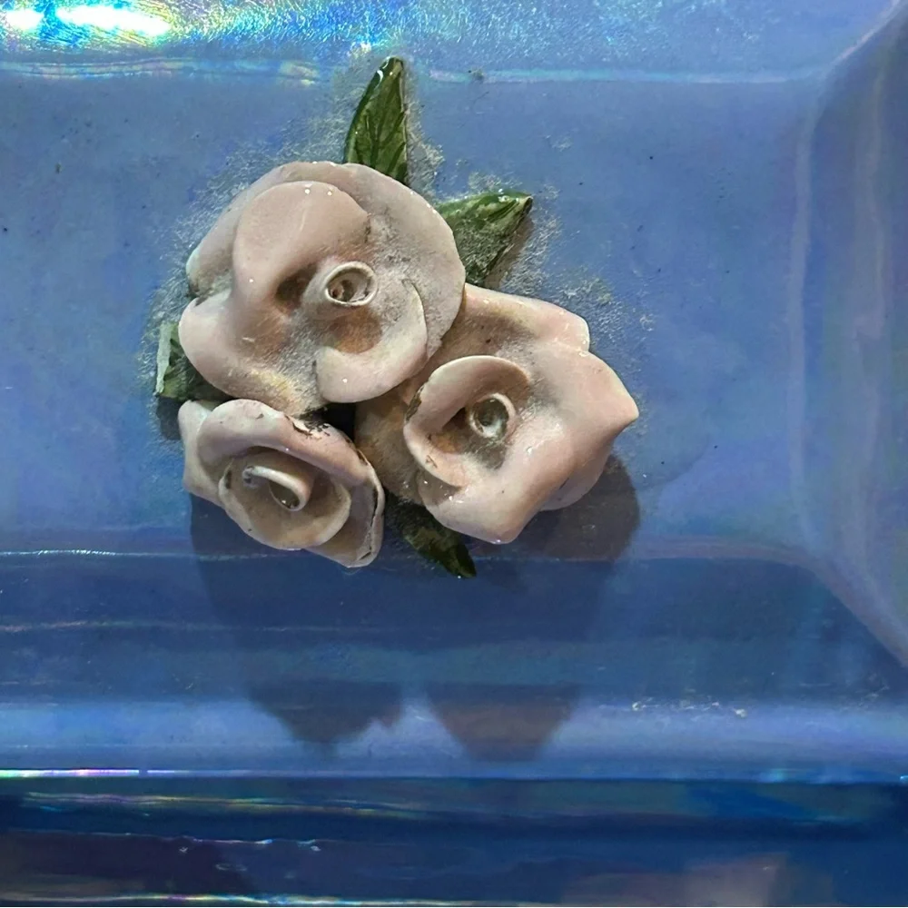 Vtg COVERED BOX Blue Sculpted Roses Flowers China Trinket Jewelry 5.5x4.25x2”